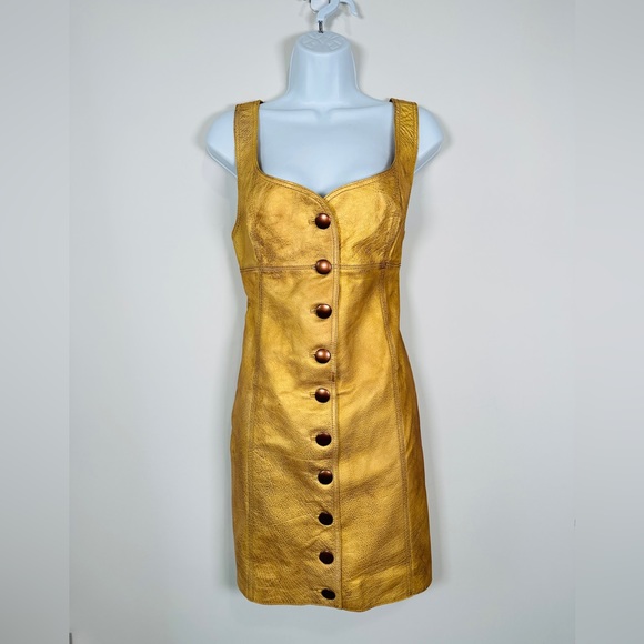 Free People Gold Genuine Leather Button Down Vest Dress Size 8